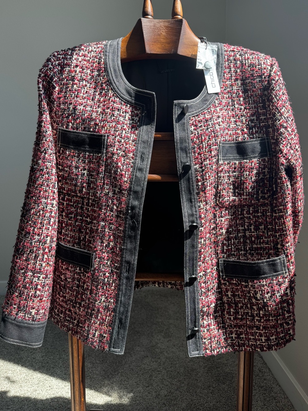 NWT Chico’s Tweed Jacket Denim Trim Red Black Textured Blazer Size 2 M-L Classic